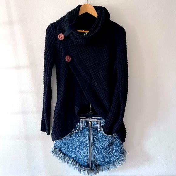 MIRACLE Black Cowl Neck Waffle Knit Long Sleeve Sweater M/L - Picture 4 of 11